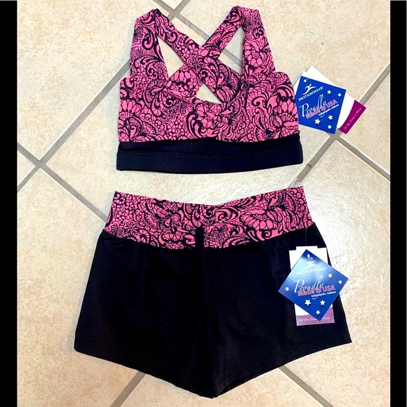 Motionwear Pants - Adult Small Pink & Black Sports Bra & Spandex Bike Shorts Activewear Set NWT